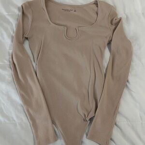 Abercrombie & Fitch Neutral Beige Ribbed Keyhole Bodysuit